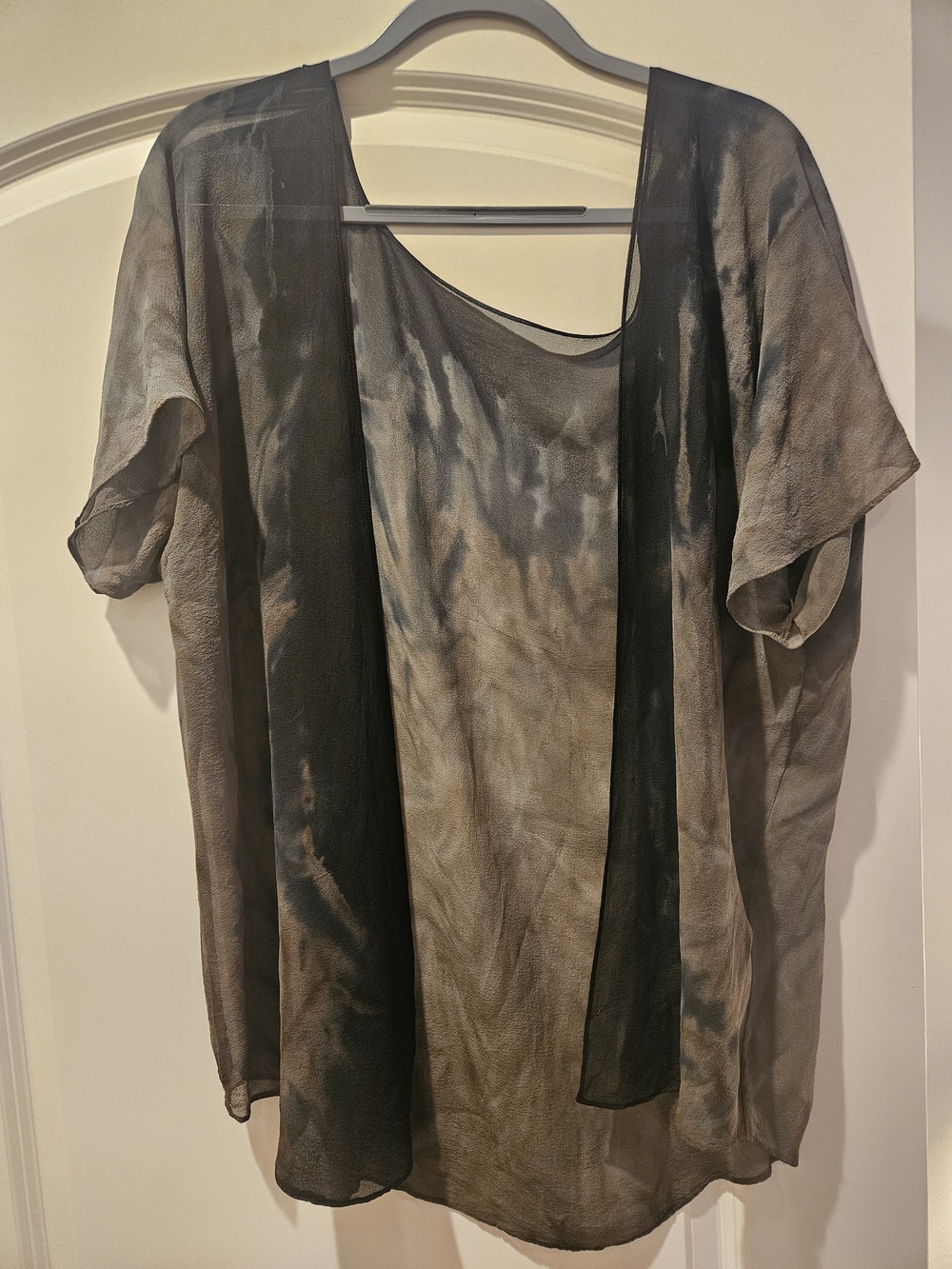 Hand Dyed Pure Silk Sheer Kimono Cardigan | Charcoal Gray Black Taupe | On
